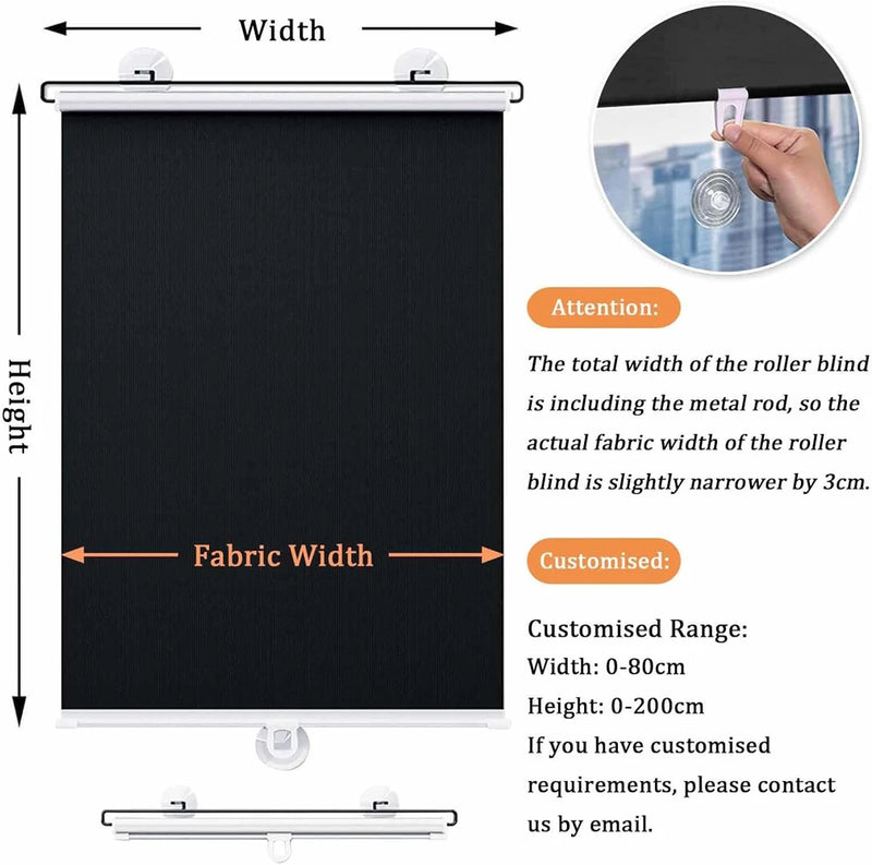 Cordless Retractable Roller Shades Black Home Office Windows Sunshade Thermal blinds without drilling blackout curtain