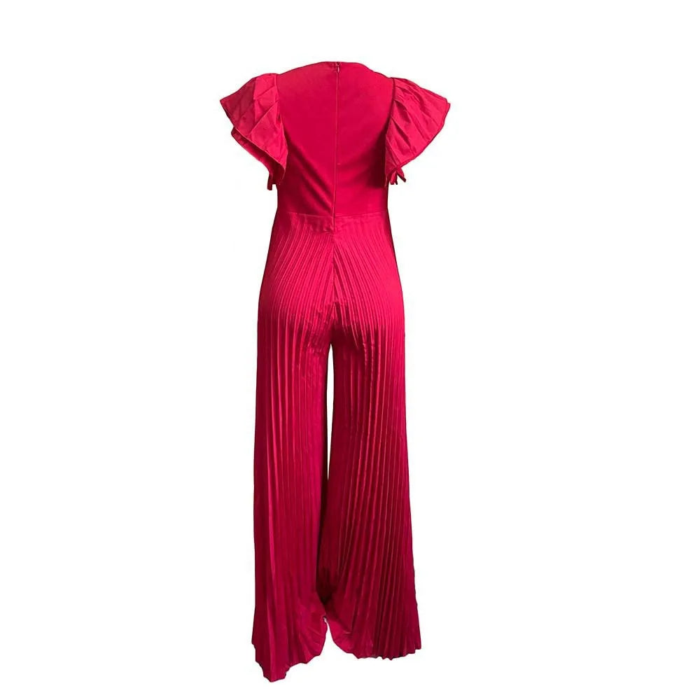 Elegant Pleated Jumpsuits & Rompers for Women V Neck Ruffles High Waisted Loose Floor Length Luxury Female Birthday Party Romper