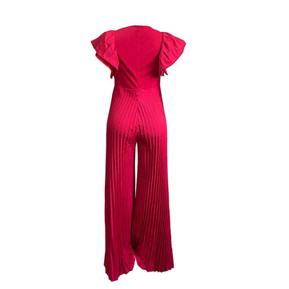 Elegant Pleated Jumpsuits & Rompers for Women V Neck Ruffles High Waisted Loose Floor Length Luxury Female Birthday Party Romper