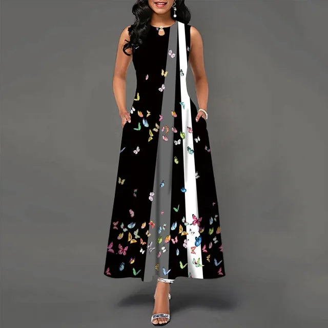 Women's V-neck Sleeveless Long Dress Retro Bohemian Dresses Floral Print Swing Casual New 