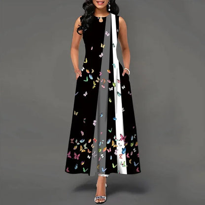 Vestido longo sem mangas com decote em v feminino, vestidos retrô boêmios, estampa floral, swing, casual, novo