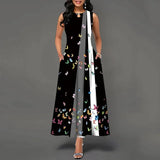 Women's V-neck Sleeveless Long Dress Retro Bohemian Dresses Floral Print Swing Casual New 