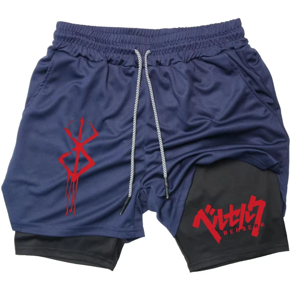 Anime Berserk Performance Shorts Men 2 in 1 Running Compression Shorts Training Yoga Gym Sportswear Workout Shorts with Pockets