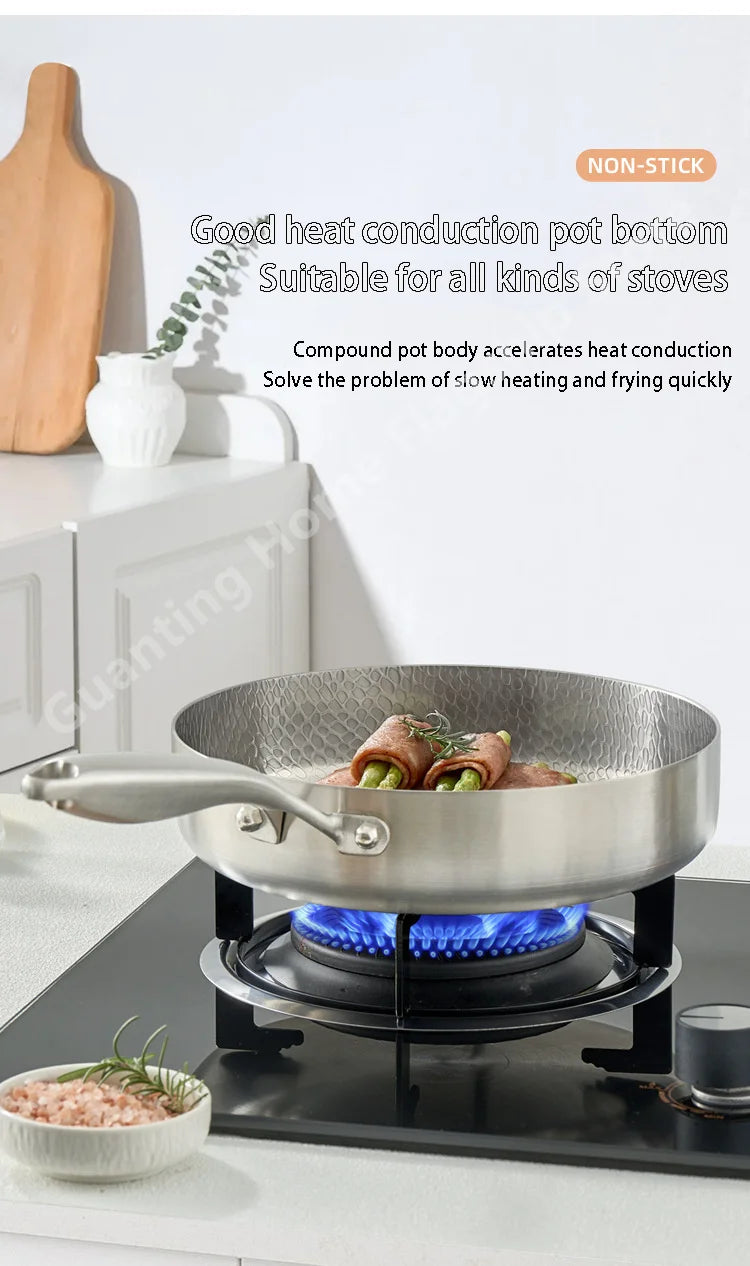 Titanium Stainless Steel Frying Pan Nonstick Wok Uncoated Pot Egg Steak Skillet Home Induction Cooker Gas Stove Kitchen Cookware