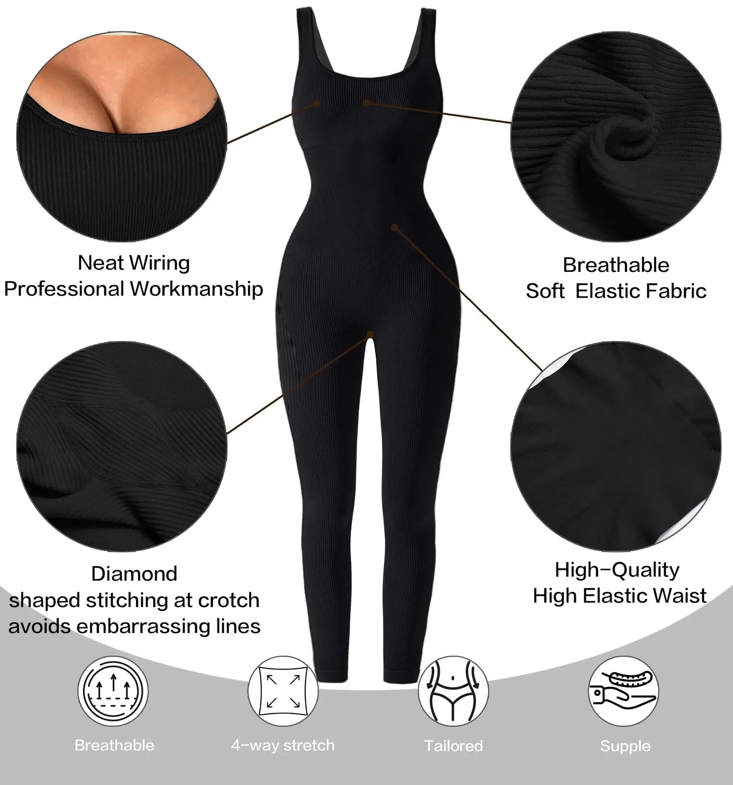 Mono de entrenamiento sin costuras para mujer, mono de yoga acanalado, ajustado, de una pieza, con cuello cuadrado y leggings