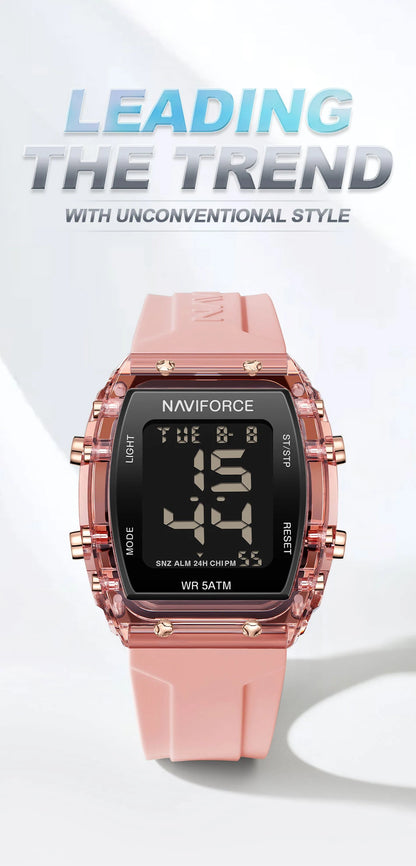 Relojes NAVIFORCE para mujer, con movimiento digital LCD, reloj de moda para mujer, resistente al agua hasta 50 m, correa de silicona, relojes de pulsera deportivos electrónicos.