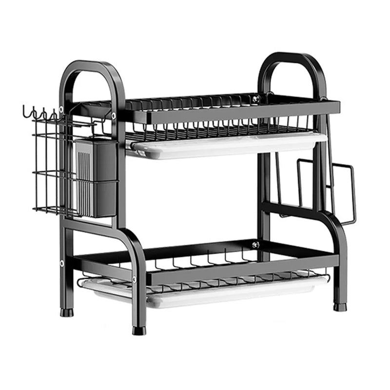 2-Tier Dish Drying Rack Adjustable Kitchen Plates Organizer with Drainboard Over Sink Countertop Cutlery Storage Holder