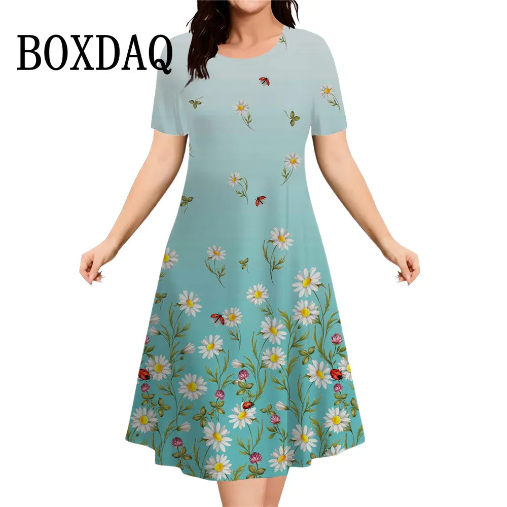 Women's Summer Floral Print Short Sleeve Dress 2026 New Fashion Plus Size Loose Casual Retro Women's Mini Dress 9XL Clothing