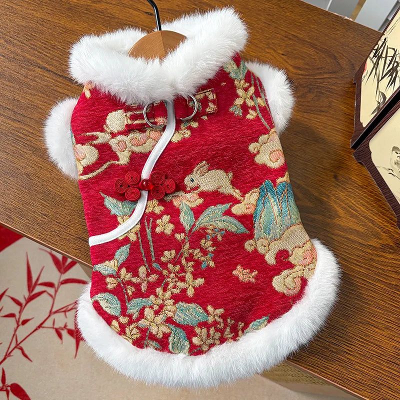 New Year Autumn Winter Double Layer Fleece Pet Clothes Chinese Style Jade Rabbit Design Warm Coat for Dogs Cats Festive Holiday