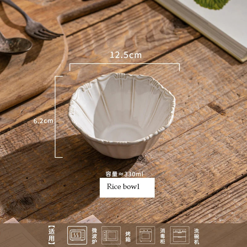 Elegant Classical Plate French Retro Ceramic Dishes Home Plate Rice Bowl Party Tableware Set White Lace Embossed Dinner Plate