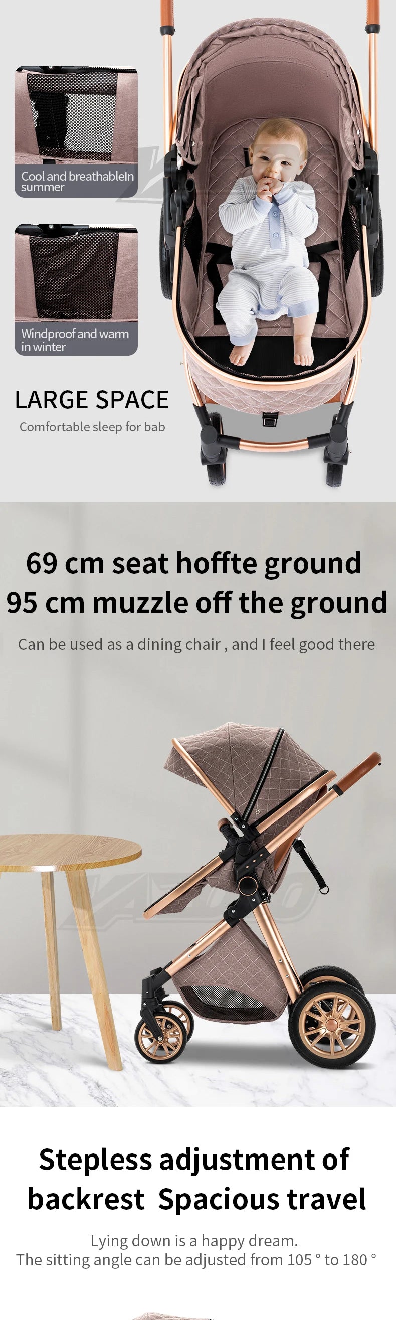 Luxurious Baby Stroller 3 in 1 Portable Travel Baby Carriage Folding Prams High Landscape Aluminum Frame Car for Newborn Baby