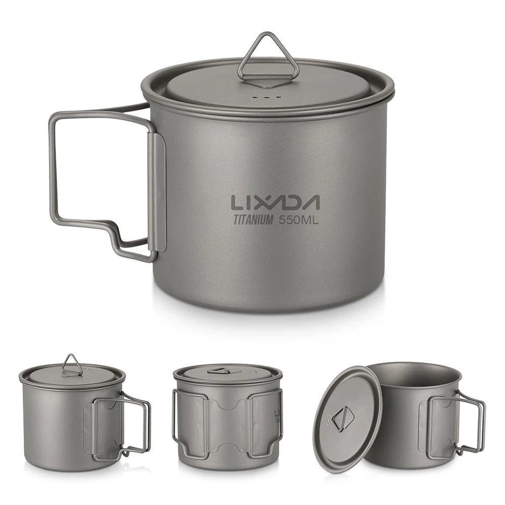 Taza de agua ultraligera de titanio Lixada con asa plegable, portátil para exteriores, camping, picnic, 300 ml/350 ml/550 ml/650 ml