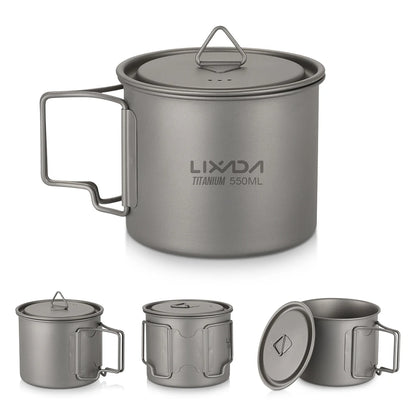 Taza de agua ultraligera de titanio Lixada con asa plegable, portátil para exteriores, camping, picnic, 300 ml/350 ml/550 ml/650 ml