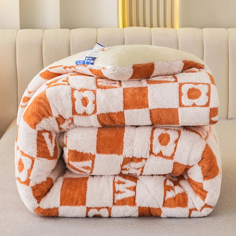 Thick Warm Imitation Lambswool Winter Blanket for Bed, Soft Jacquard Coral Fleece Quilt, Double-Sided Plush Weighted Blanket 5kg
