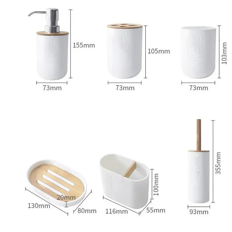 Juego de accesorios de baño, dispensador de loción y jabón de diseño, soporte para cepillo de dientes, jabonera, vaso o botella de madera, taza, negro, blanco y gris.