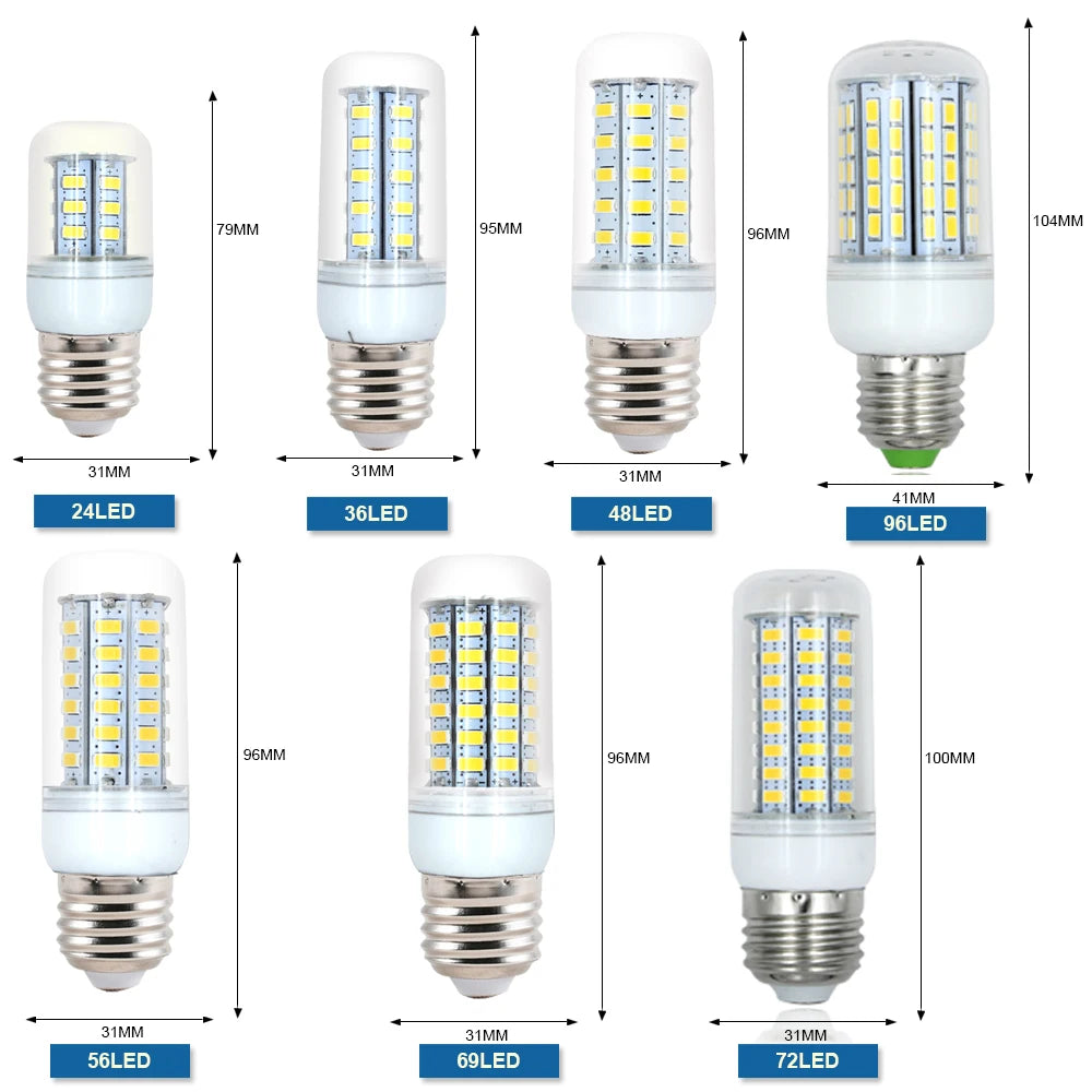 10 pçs e27 lâmpada led 220v milho lâmpada 24 36 48 56 69 72 leds smd 5730 ampola bombillas iluminação lustre vela luz led