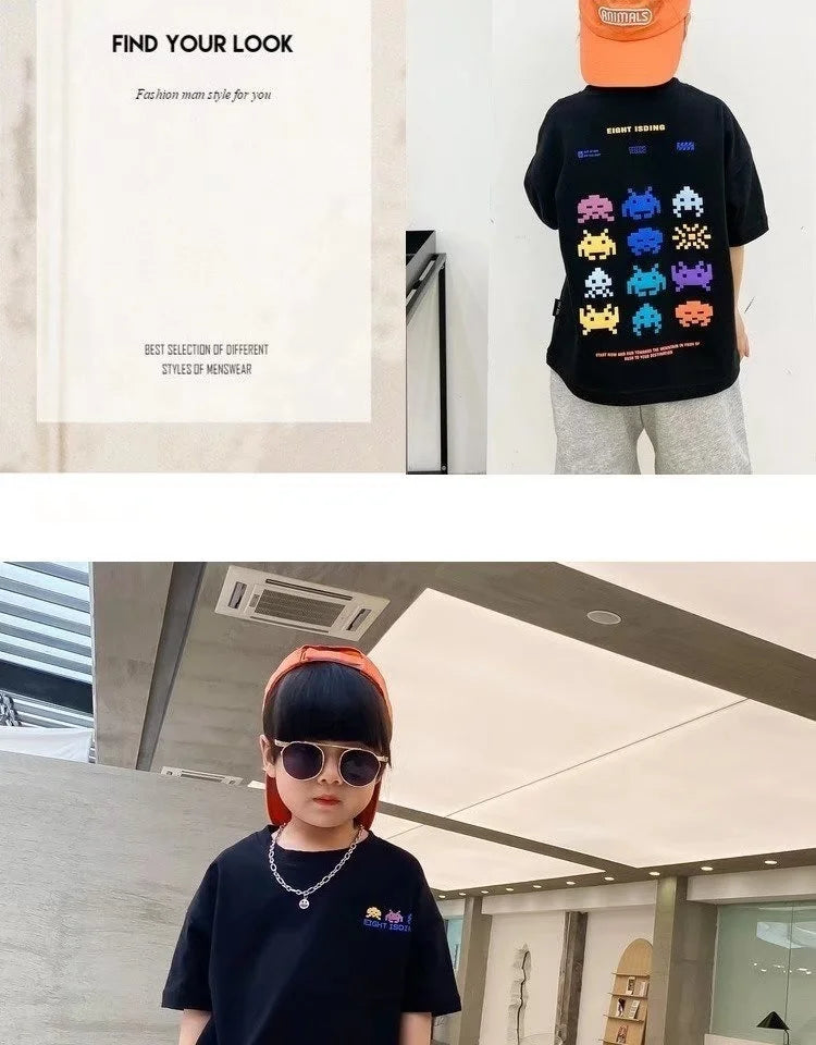 Camiseta de manga corta de verano para niños, Top de cuello redondo para niños pequeños y medianos, moda informal versátil de media manga