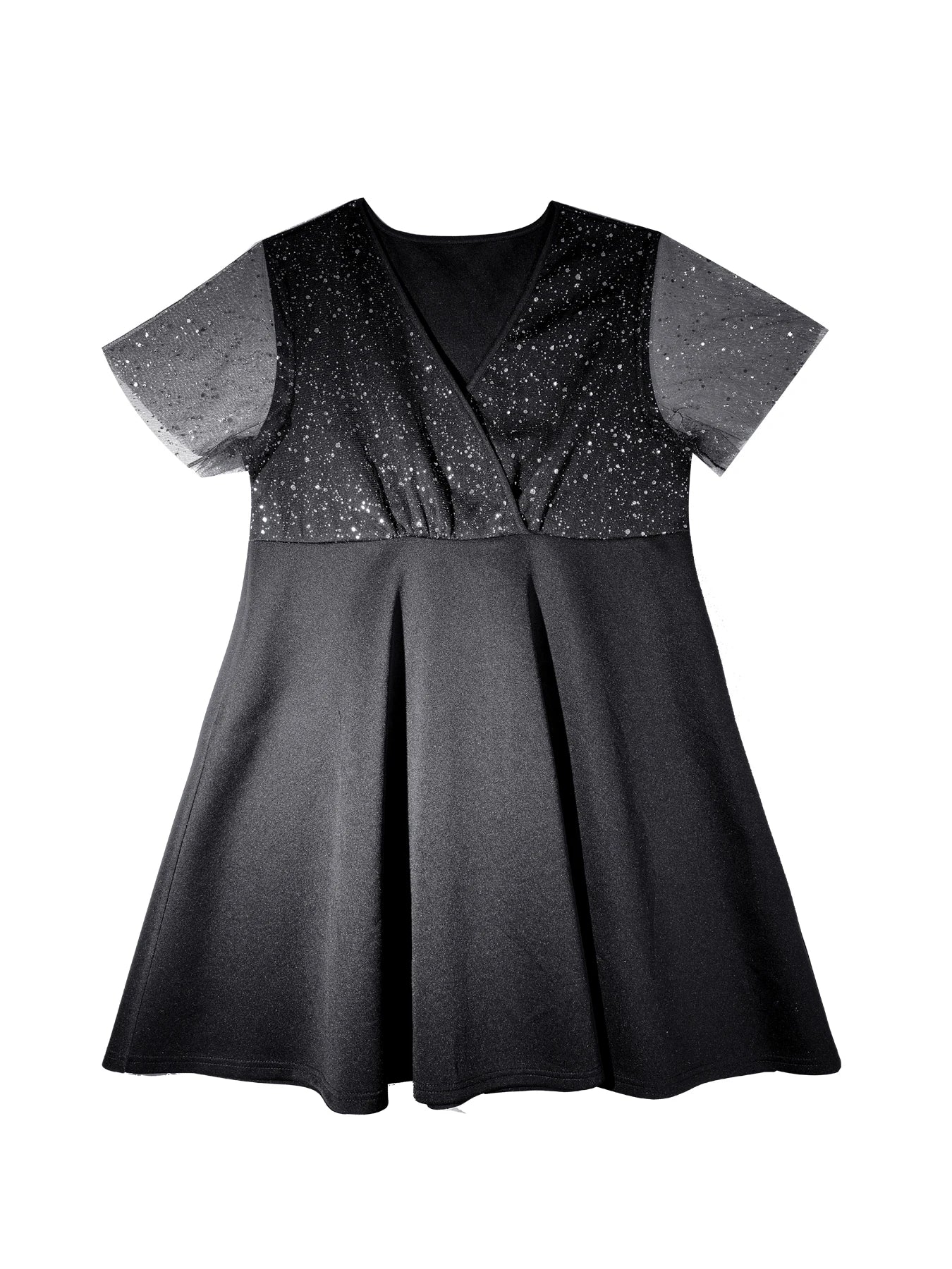 Plus size feminino elegante midi vestido de manga curta decote em v profundo glitter detalhe preto plissado saia linha a poliéster casual passeio