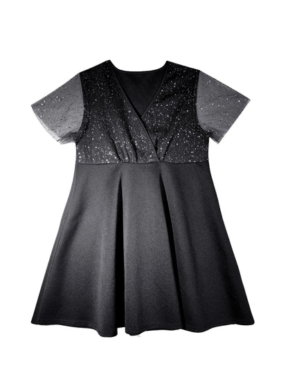 Plus size feminino elegante midi vestido de manga curta decote em v profundo glitter detalhe preto plissado saia linha a poliéster casual passeio