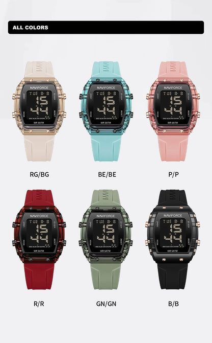 Relojes NAVIFORCE para mujer, con movimiento digital LCD, reloj de moda para mujer, resistente al agua hasta 50 m, correa de silicona, relojes de pulsera deportivos electrónicos.