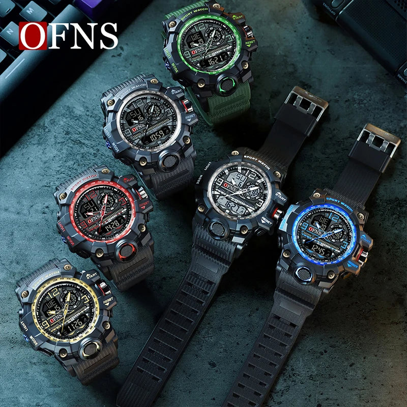 OFNS - Reloj de lujo estilo G para hombre, resistente al agua hasta 50 m, multifunción, deportivo, militar, de cuarzo, con LED digital