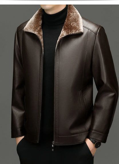YN-2365 Autumn/Winter Men's Natural Leather Jacket Thickened Fur Integrated Business Casual Top Black Coffee Middle Aged Youth