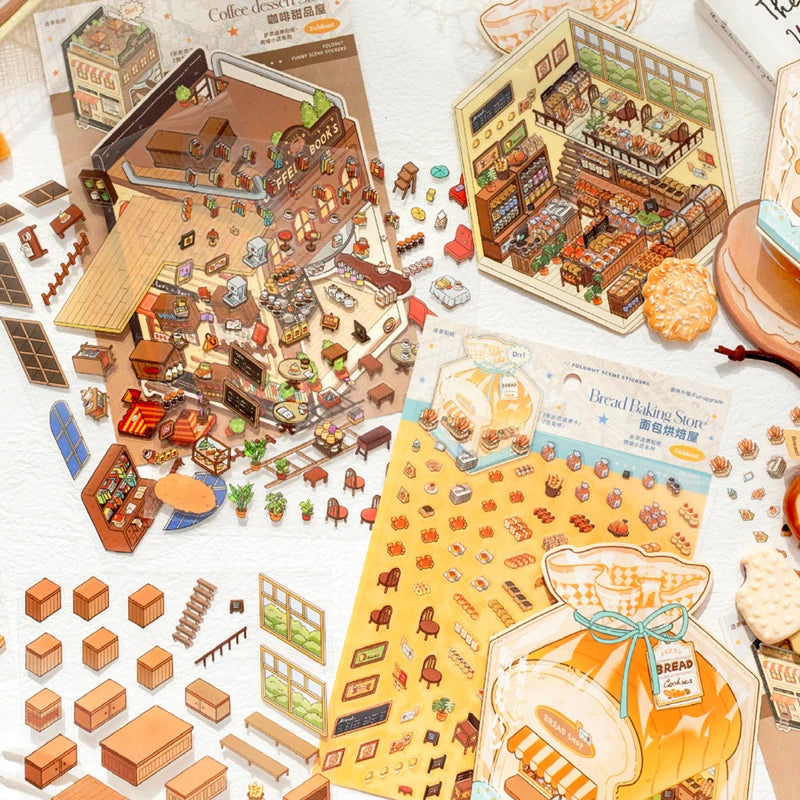 Mr. Paper 6Pcs/bag miniature store series folding scenic stickers visual stacking stickers stationery for DIY Journal, Scrapbook