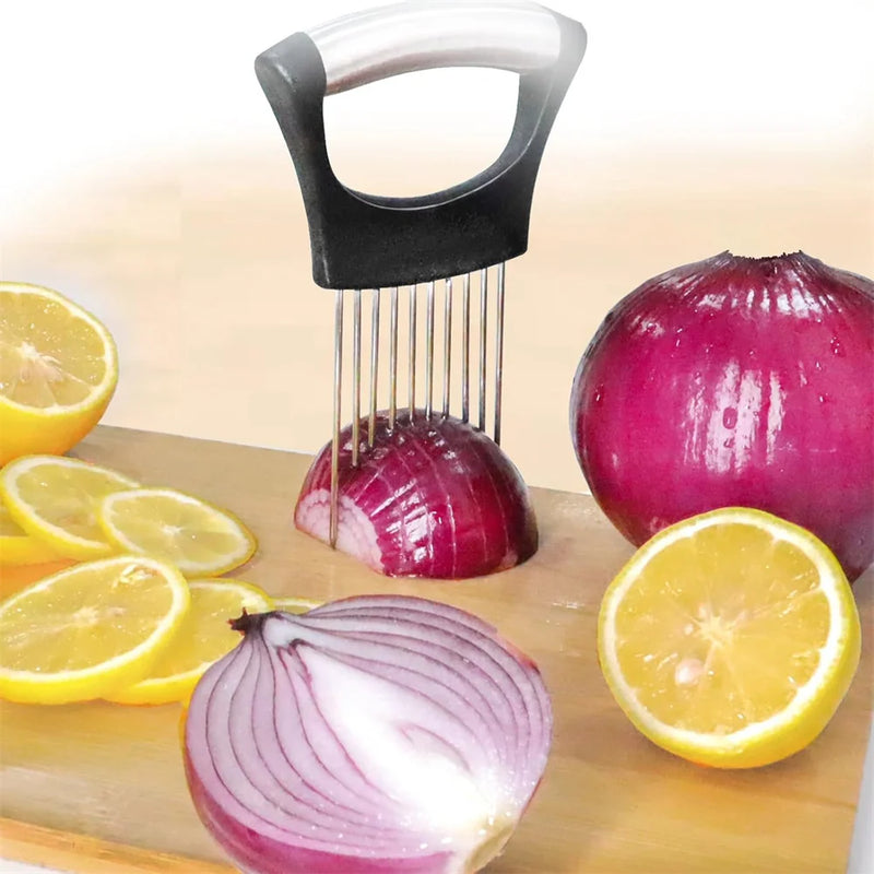Food Slicing Assistant Kitchen Cutting Tool Durable Onion Cutting Stand with Comfort Handle Stainless Steel Onion Needle Kitchen