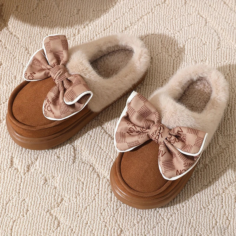 Lovely Bow Women Winter Toe Wrap Warm Solid Cotton Slippers Thick Soft Sole Slides Indoor Floor Flat Home Non-slip Shoes