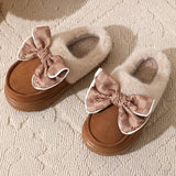Lovely Bow Women Winter Toe Wrap Warm Solid Cotton Slippers Thick Soft Sole Slides Indoor Floor Flat Home Non-slip Shoes