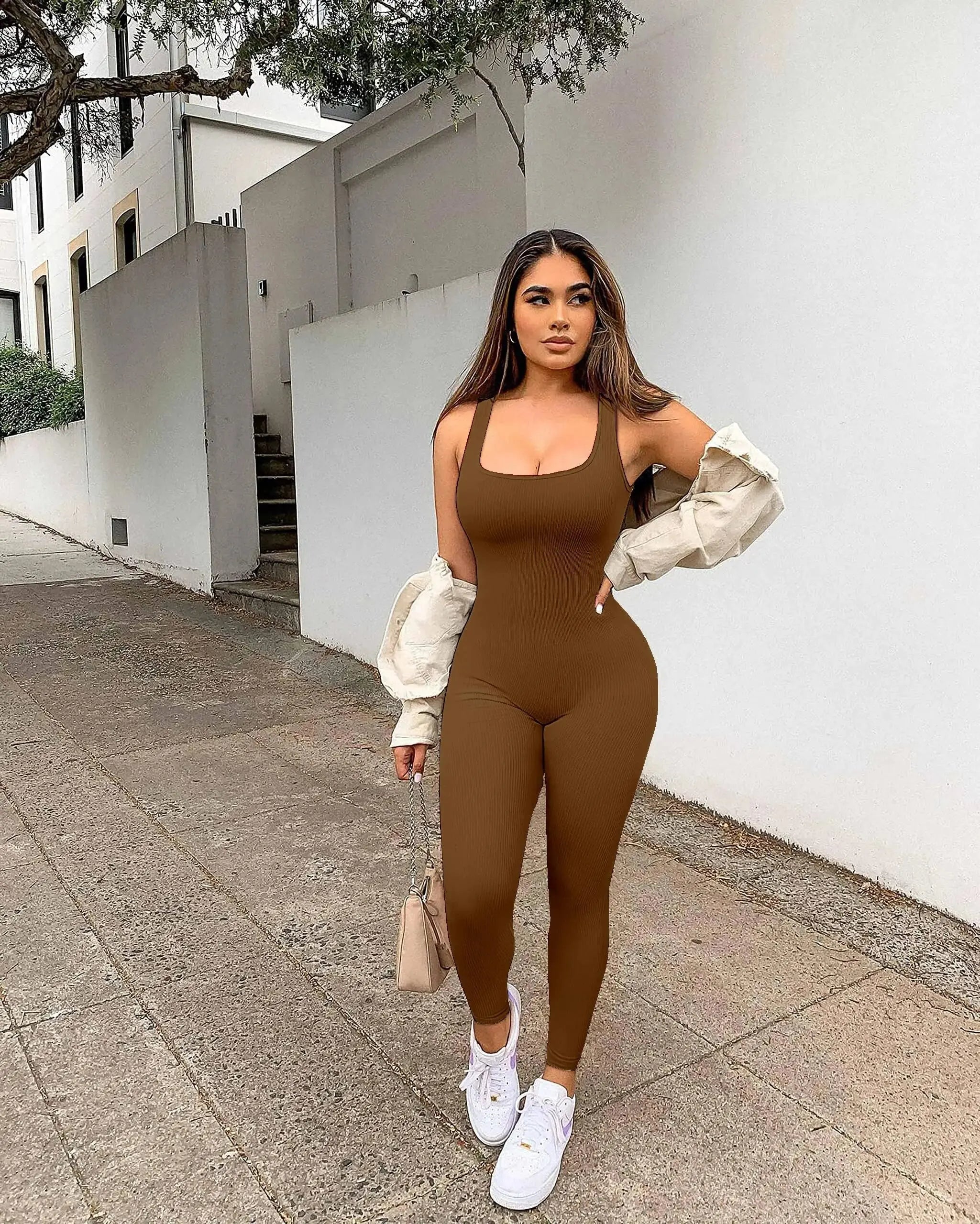 Women's Workout Seamless Jumpsuit Yoga Ribbed Bodycon One-Piece Square Neck Leggings Romper