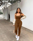 Women's Workout Seamless Jumpsuit Yoga Ribbed Bodycon One-Piece Square Neck Leggings Romper