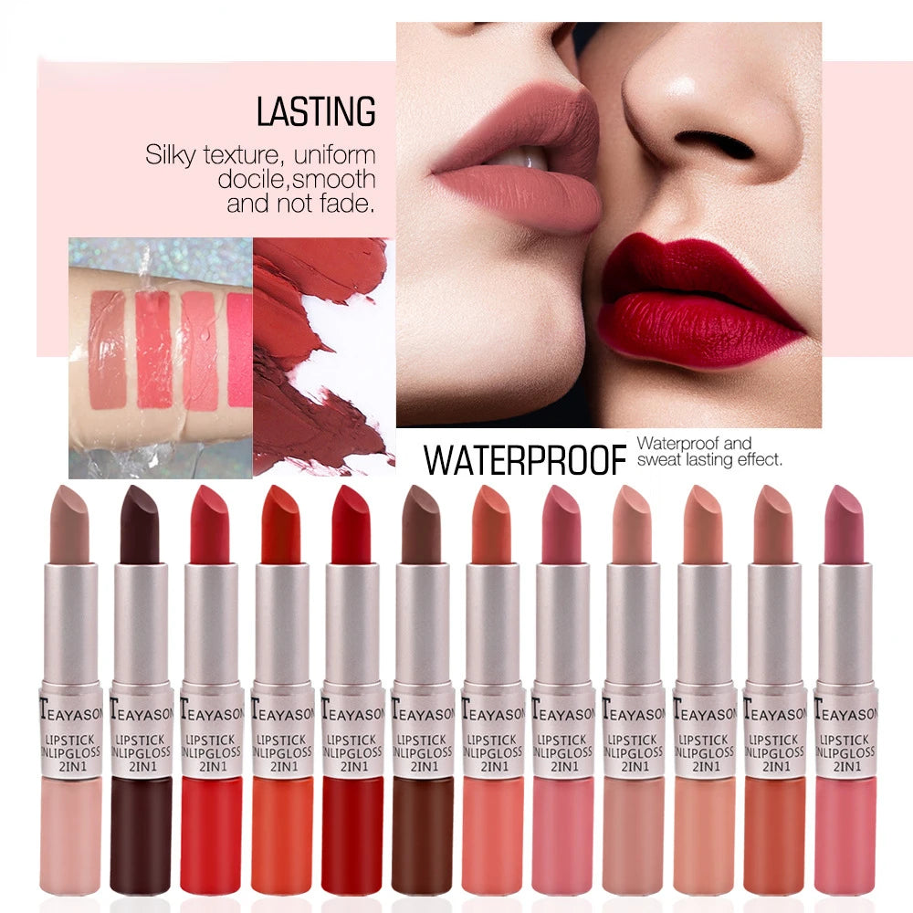 Lápiz labial mate aterciopelado de larga duración, brillo labial de doble cabezal, taza antiadherente, brillo labial, tinte voluminizador, lápiz labial resistente al agua, maquillaje