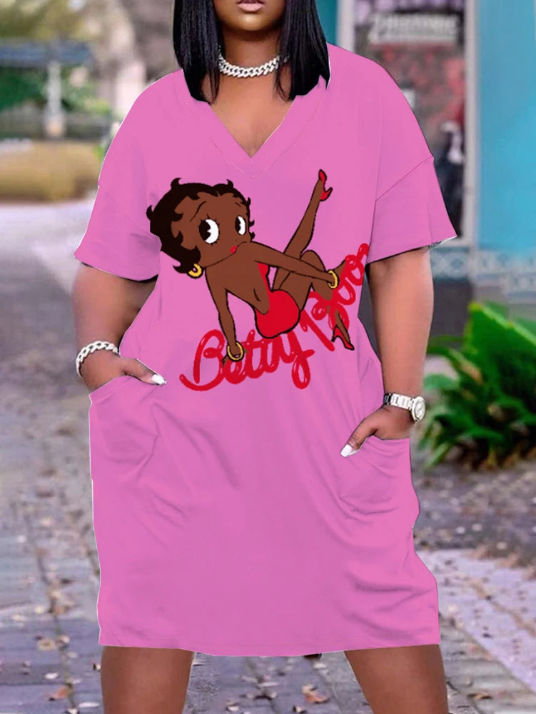 Plus size 2025 verão nova moda feminina casual com decote em v 3d impresso vestido de manga curta poliéster rosa elegante