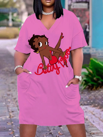 Plus size 2025 verão nova moda feminina casual com decote em v 3d impresso vestido de manga curta poliéster rosa elegante