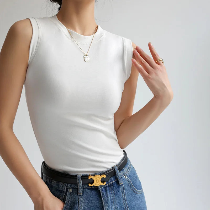 Camisola de algodón para mujer, cuello redondo, colorida, básica, sin mangas, con cobertura para escote lateral, C4878