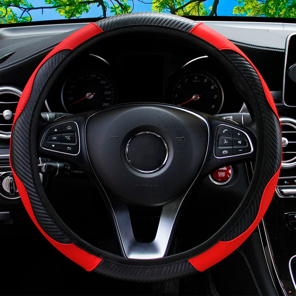 PU Carbon Fiber Leather Car Steering Wheel Cover without Inner Ring Suitable for 14.5-15 Inches Auto Supplies