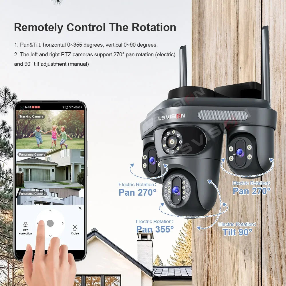 LS VISION 15MP Three Screen WiFi Camera Outdoor Three 360°Rotation PTZ IP Camera Human Auto Tracking Video Surveillance Cam CCTV