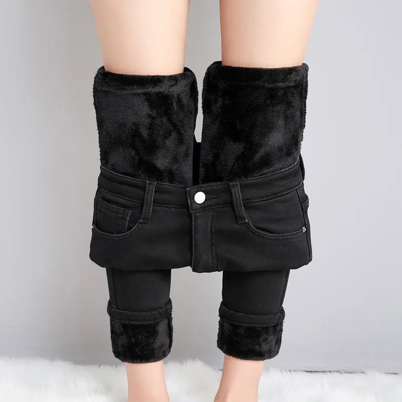 Women's Thermal Jeans Winter Snow Warm Plush Stretch Jeans Lady Skinny Thick Fleece Denim Long Pants Retro Blue Pencil Trousers