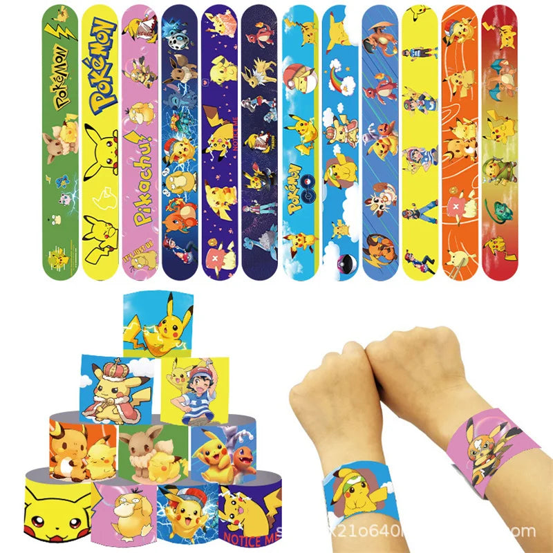 3/6/12pcs Pokemon Bracelets Pikachu Figures Anime Wristband Child Slap Band Puzzle Toys Boys Girls Birthday Party kids toy Gifts