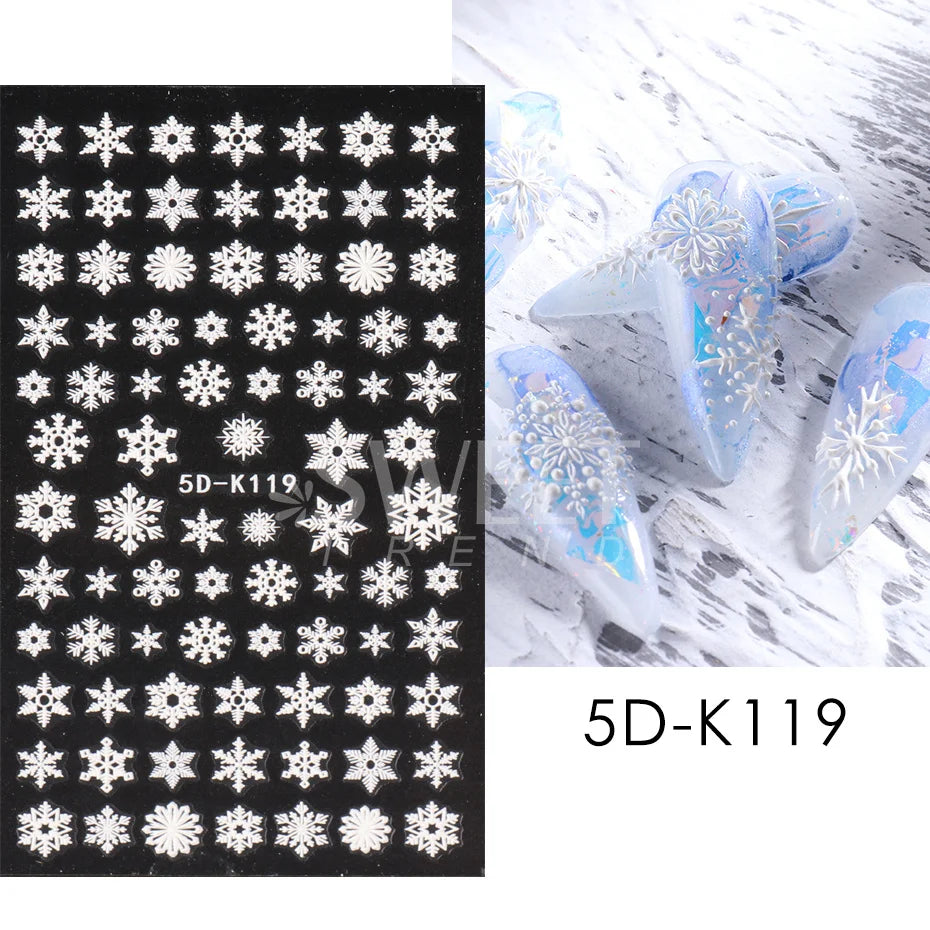 5D Red Christmas Nail Stickers Glitter Embossed Snowflake Gloves Feather Bulb Bells Winter Xmas DIY Engraved Manicure Decoration