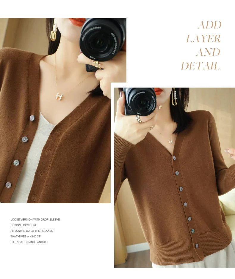 Cárdigan de punto de cachemira Andy de otoño, nuevo, con cuello en V, color liso, moderno, de alta calidad, cómodo, holgado e informal - GH021