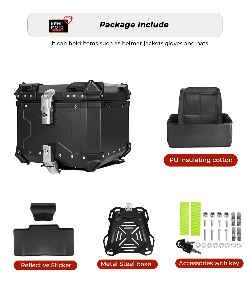 KEMIMOTO 45L/55L/65L Motorcycle Aluminum Case Tail Box Trunk with backrest Universal Top Tail Rear Luggage Tool Storage Box