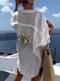 Evil Eye Casual Shirt Women Fashion Beach Style Loose Button Sunscreen Cotton Linen Shirt Dress Summer Casual Women Top