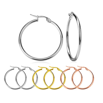Luxusteel 10mm-65mm clássico aros de aço inoxidável para mulheres meninas cor ouro rosa grande círculo redondo brincos sem desbotamento anti-alergia