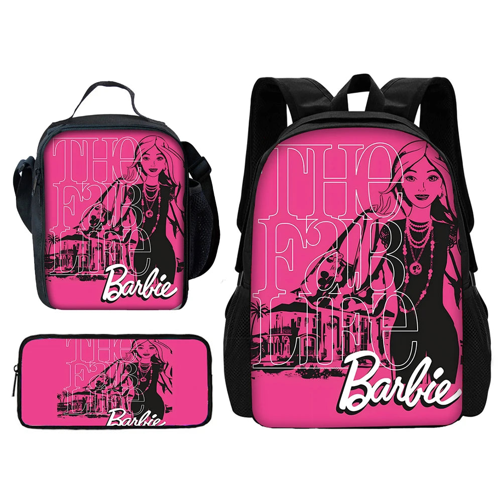 Cartoon Dolls 3 pcs set Child School Backpack with Lunch Bags Pencil Bags B-Barbies School Bags for Boys Girls Best Gift