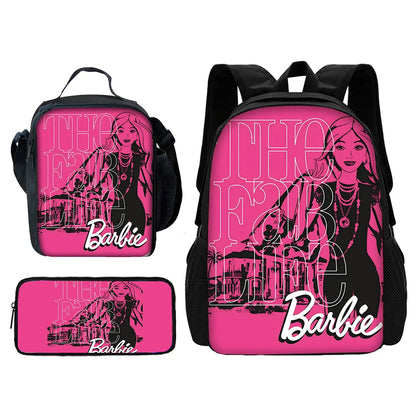 Cartoon Dolls 3 pcs set Child School Backpack with Lunch Bags Pencil Bags B-Barbies School Bags for Boys Girls Best Gift
