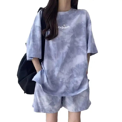 Conjunto de dos piezas de camiseta y pantalones cortos tie-dye para mujer, holgado, de manga corta y pierna ancha, ropa deportiva para estudiantes, traje de moda coreana 