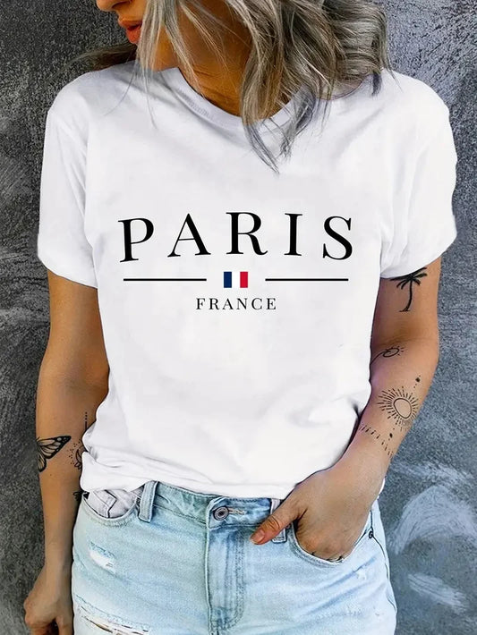 Camiseta informal de manga corta con cuello redondo y estampado PARIS de talla grande para verano y primavera. Ropa para mujer.