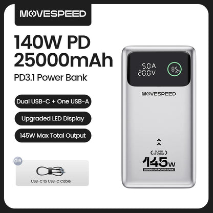 MOVESPEED M25Pro 25000mAh Power Bank 140W Type C PD Fast Charging PowerBank External Portable Charger for MacBook Lenovo Laptop